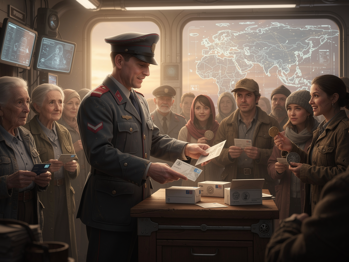 Сотрудник почты вручает письма и посылки людям, символизируя переводы вне современных систем.