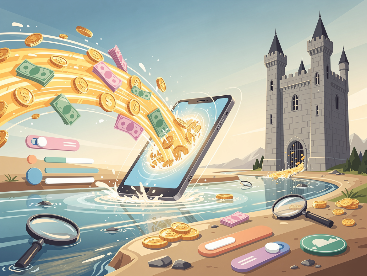 Иллюстрация быстрого потока денег из цифрового интерфейса, символизирующая МФО, на фоне традиционного банковского замка.